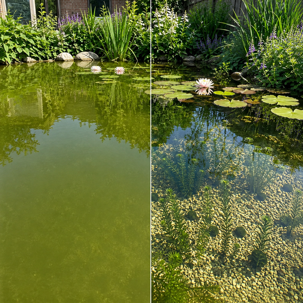 Vergleichsbild eines Gartenteichs vor und nach der Algenbehandlung mit klarem Wasser und sichtbarem Kiesgrund.