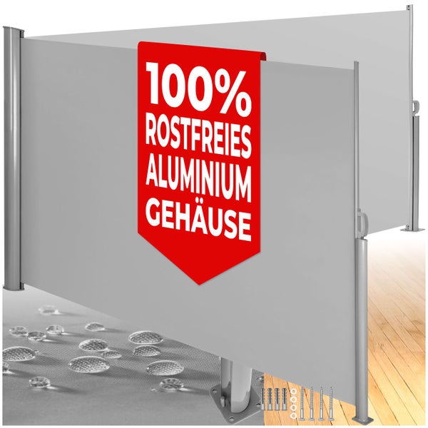 Seitenmarkise mit rostfreiem Aluminiumgehäuse, wasserabweisendem Stoff und Montagematerial wie Schrauben und Dübeln.