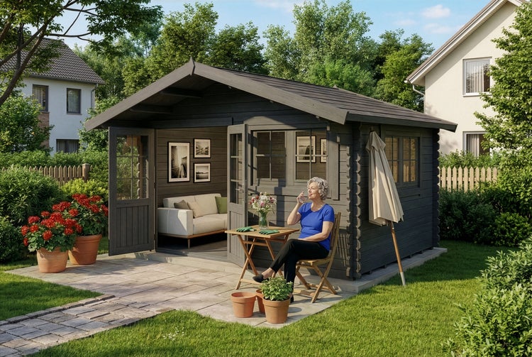 Graues Gartenhaus aus Holz mit Doppeltür und Fenstern, davor eine Terrasse mit Sitzgelegenheit in einem hellen, gepflegten Garten mit Rasen.