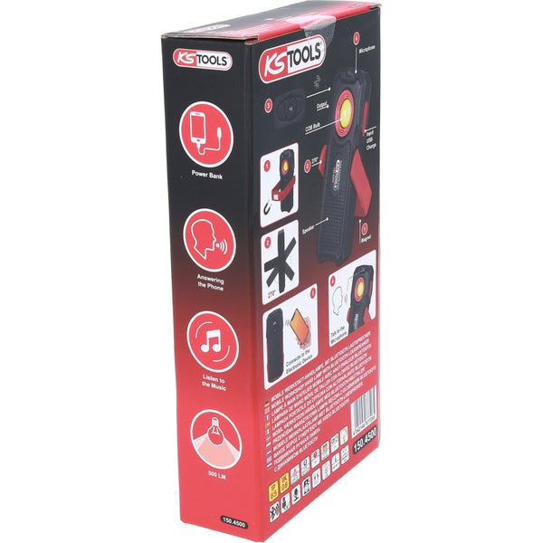 KS Tools LED-Arbeitsleuchte 150.4500 in Verpackung mit 500 Lumen, Powerbank, Bluetooth-Lautsprecher und Freisprecheinrichtung.