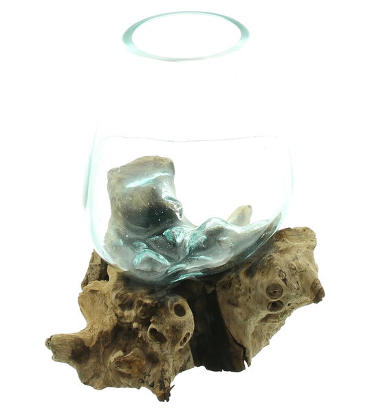 FRANK FLECHTWAREN | Wurzelholzvase Aqua, GLAS, HOLZ, ca. 20 x 20 x 23 cm