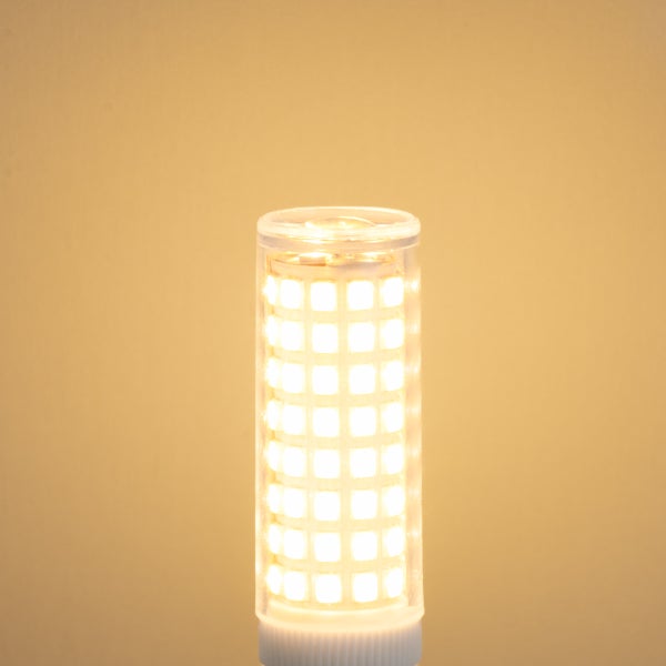 Zylindrische LED-Lampe mit klarem Gehäuse und leuchtenden LED-Chips.