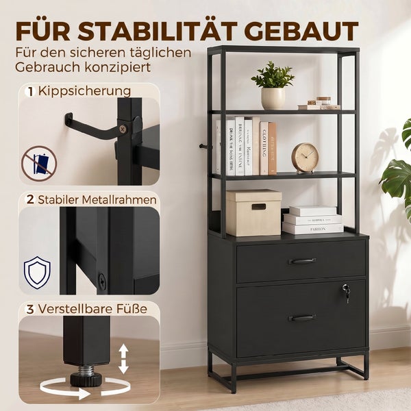 Schwarzes Standregal mit zwei Schubladen und drei Regalböden. Gezeigt werden eine Kippsicherung, ein stabiler Metallrahmen und verstellbare Standfüße.