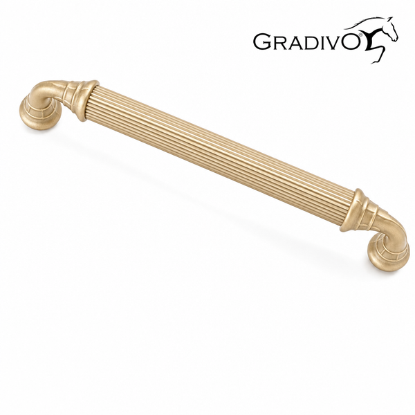Möbelgriff in Goldoptik mit geriffelter Oberfläche und geschwungenen Füßen. Gradivo Logo.
