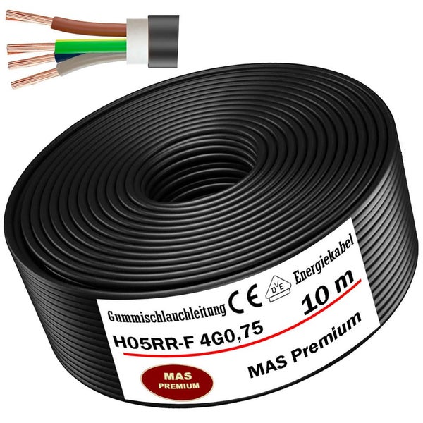 Gummischlauchleitung H05RR-F 4G0,75, 10 Meter Rolle, MAS Premium, Energiekabel mit vier Adern für Elektroinstallationen.