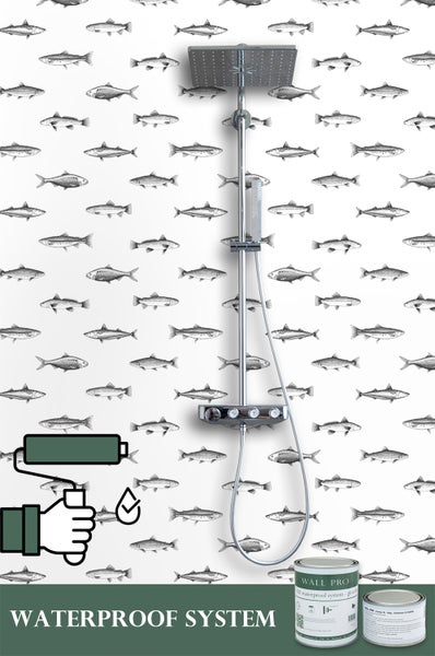 Wandabdichtungssystem im Badezimmer mit Fischmuster und Duscharmatur