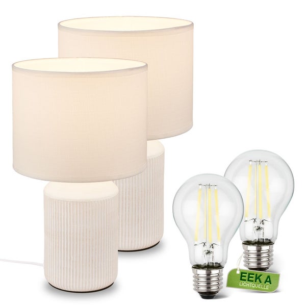 Set aus zwei Tischleuchten mit Stoffschirm und geriffeltem Keramikfuß inklusive zwei LED-Filament-Leuchtmitteln, Energieeffizienzklasse A.