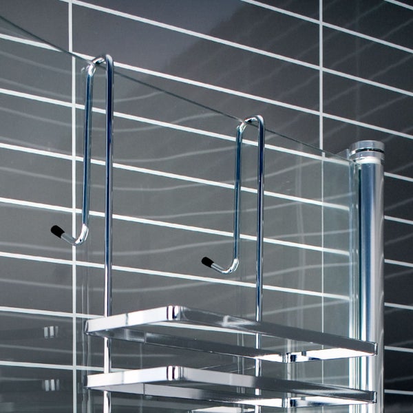 Duschregal aus Chrom zum Einhängen an einer Duschwand aus Glas mit zwei Etagen und Außenhaken.