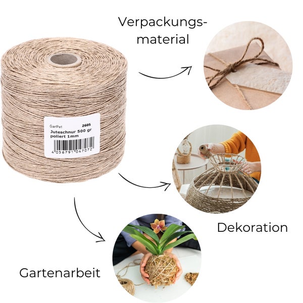 Bindfaden 500 g poliert 500 m Juteschnur Jute Paketschnur Gartenschnur Bastelschnur Garten Garn Kordel Zwirn Pflanzschnur Jutegarn Naturgarn