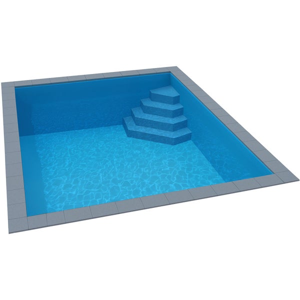 Quadratischer Einbaupool mit blauer Folie, Ecktreppe und grauem Beckenrand.