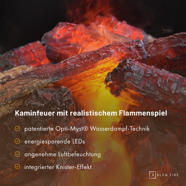 GLOW FIRE Elektrokamin 'Tucholsky Left Corner' | Wasserdampf Kamin mit OMC 600 inkl. Holz in schwarz als Raumteiler | HxBxT: 140x90x45 cm