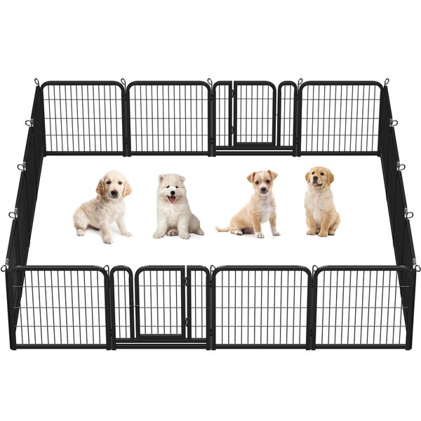 Schwarzer Hundeauslauf mit Tür und vier Welpen