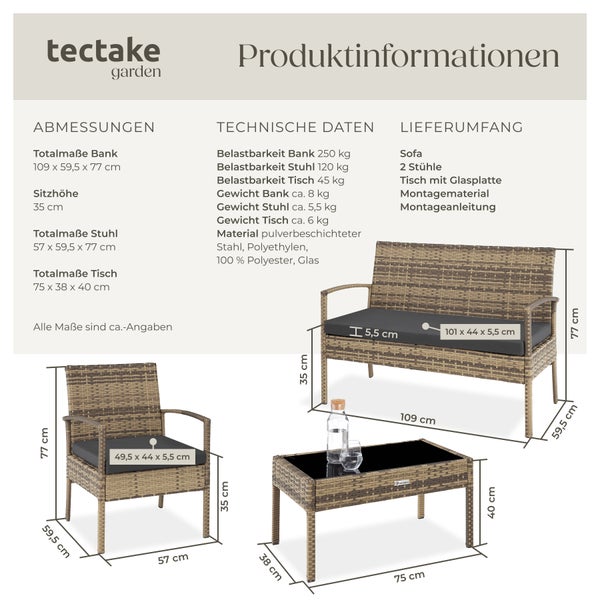 Rattan Sitzgruppe tectake Sparta schlanke Gestelle für 4 Personen natur