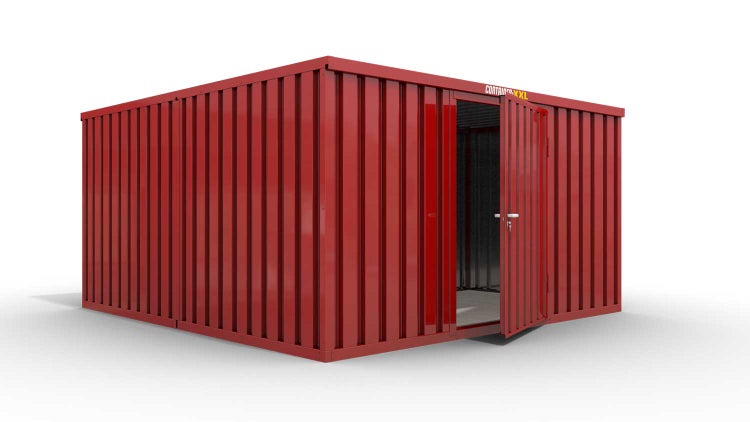 Lagercontainer Gerätehaus L2  – 16 qm, H2150 x B4050 x T4340 mm, Außenwandlackierung RAL 3000 feuerrot, Dach außen verzinkt, mit Holzfußboden, 1270 mm Einflügeltür mittig in Breitseite, montiert