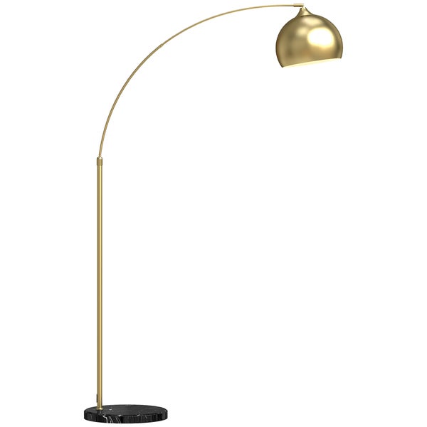 Bogenstehlampe aus goldfarbenem Metall mit rundem Lampenschirm und schwarzem Marmorfuß.