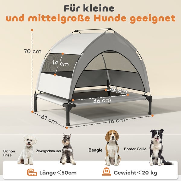 Erhöhtes Hundezelt für kleine und mittlere Hunde. Maße: 76 Zentimeter lang, 61 breit, 70 hoch. Belastbar bis 20 Kilogramm und 50 Zentimeter Länge.