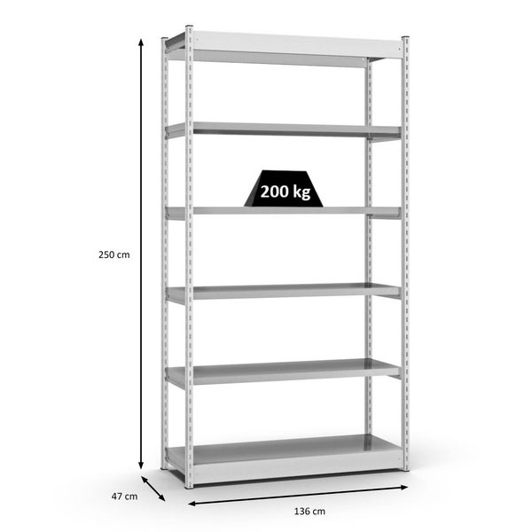 PROREGAL Fachbodenregal Stecksystem Vierkant-Profil Grundregal HxBxT 250 x 132,5 x 40 cm 6 Ebenen Einseitige Bauart Fachlast 200 kg Lichtgrau