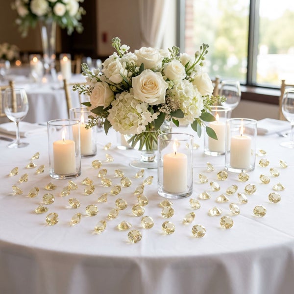 Festlich gedeckter Tisch mit Blumengesteck aus Rosen und Hortensien, Stumpenkerzen in Glaszylindern und dekorativen Streudeko Diamanten.