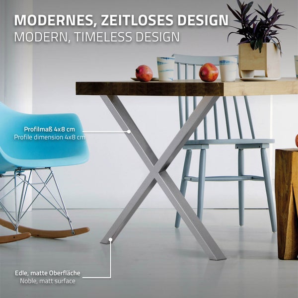 ECD Germany 2x Tischbeine X-Design X-Form, 60 x 72 cm, Grau, pulverbeschichtete Stahl, Industriedesign, Metall Tischkufen Tischuntergestell Tischgestell Möbelfüße, für Esstisch Schreibtisch