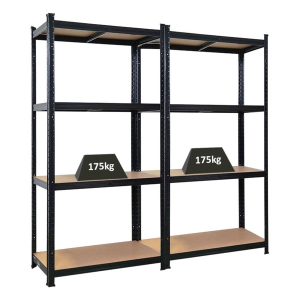 Zwei schwarze Schwerlastregale mit Holzregalböden, Tragkraft jeweils 175 Kilogramm