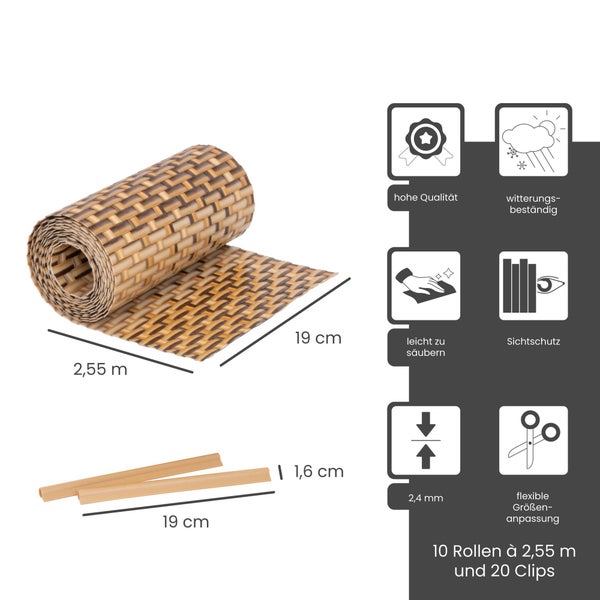 Sichtschutzmatte, 10 Rollen mit 2,55 Meter Länge, 19 Zentimeter hoch. Inklusive 20 Clips. Witterungsbeständig, pflegeleicht und individuell kürzbar.