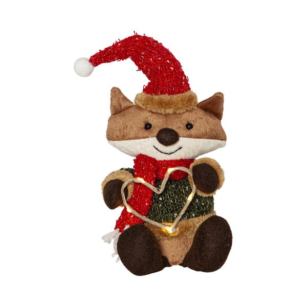 Dekofigur Fuchs mit roter Mütze und Herzförmiger Lichterkette