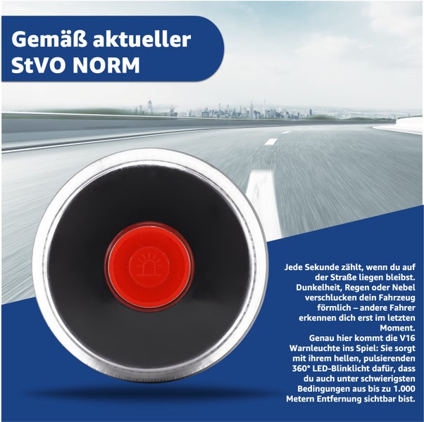 V16 Warnleuchte gemäß aktueller StVO Norm mit 360 Grad LED-Blinklicht für Sichtbarkeit bis 1000 Meter
