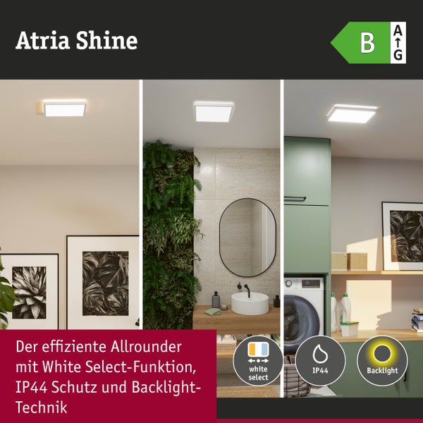Atria Shine LED Deckenleuchte, quadratisch, Energieklasse B, White Select Funktion, IP44 Spritzwasserschutz und Backlight Technologie.