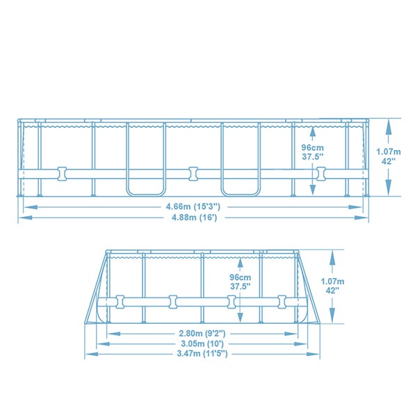Maßzeichnung eines rechteckigen Rahmenpools mit Angaben zu Länge 4,88 Meter, Breite 3,05 Meter, Höhe 1,07 Meter und Wassertiefe 96 Zentimeter.