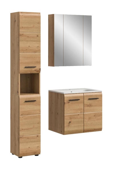 Dreiteiliges Badmöbel-Set in Eichenoptik mit Hochschrank, Spiegelschrank und Waschbeckenunterschrank inklusive Keramikwaschbecken und schwarzen Griffen.