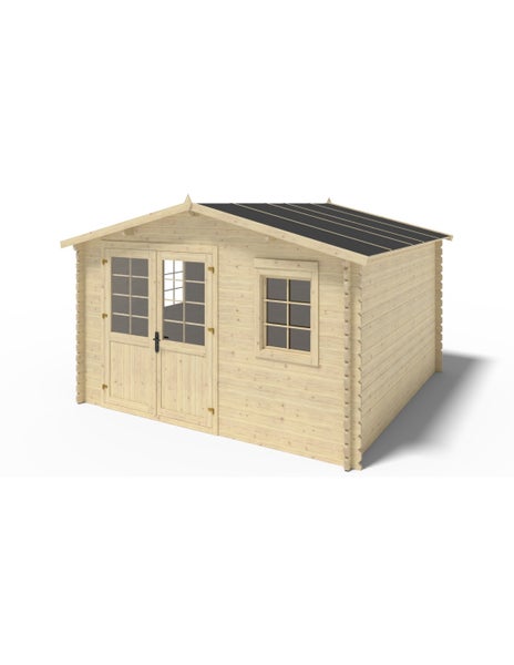 Gartenhaus aus Holz mit Satteldach, Doppeltür mit Lichtausschnitten und einem Sprossenfenster.