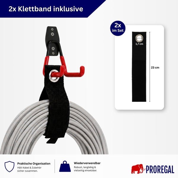 Wandhaken mit zwei Klettbändern zur Kabelaufbewahrung inklusive Maßeinheiten und Proregal Logo