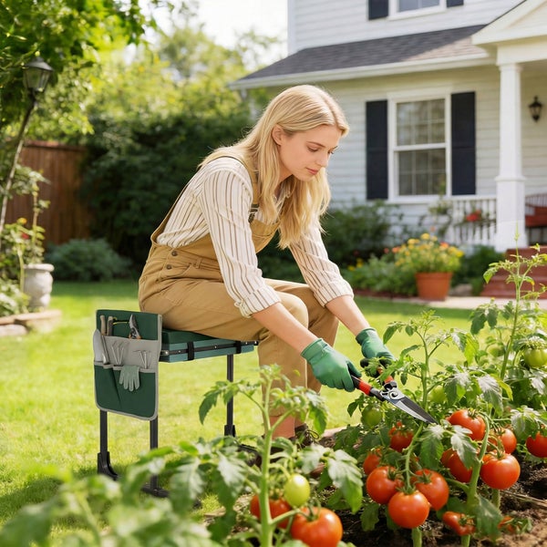 Eine Frau sitzt auf einer grünen Gartenkniehilfe und schneidet Tomatenpflanzen mit einer Gartenschere in einem hellen Garten mit Werkzeugtasche.
