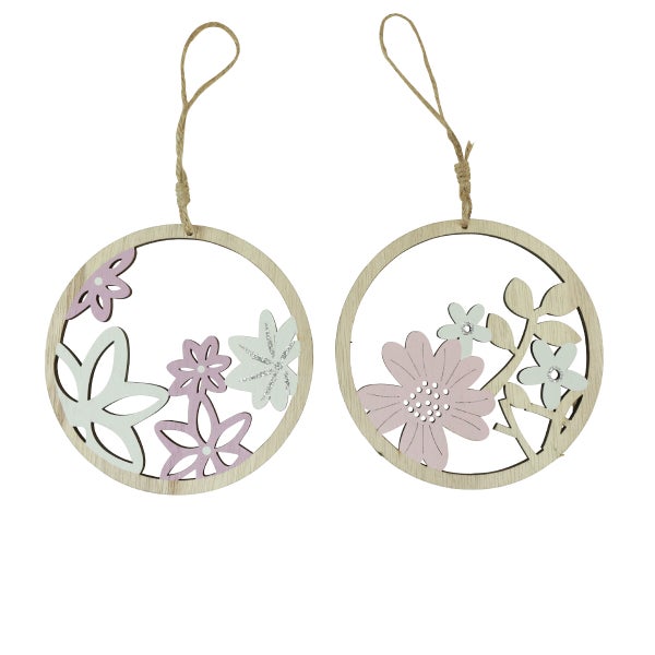 Zwei hölzerne Blumenschmuckanhänger mit Jutekordel