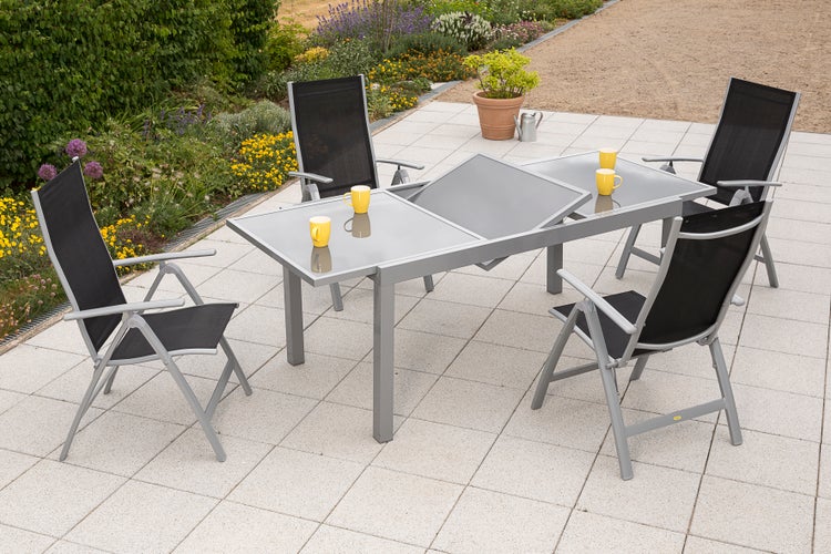 Carrara Gartenmöbelset 5tlg., Klappsessel, Ausziehtisch 160 (220) x 90 cm, schwarz