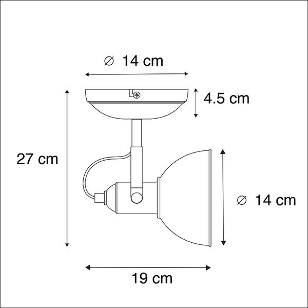 Technische Zeichnung einer Wandleuchte mit den Maßen: Durchmesser 14 cm für die Deckenhalterung und den Lampenschirm, Höhe 27 cm, Tiefe 19 cm, Höhe der Deckenhalterung 4,5 cm