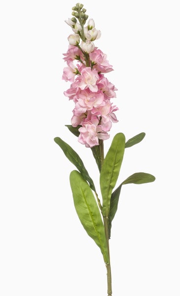 Künstliche Levkoje in Rosa mit grünem Stiel und Blättern.