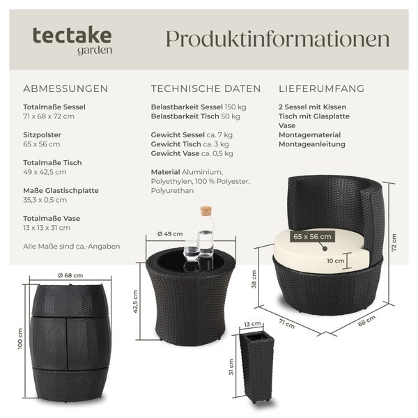 Produktinformationen zu einem Gartenmöbelset von tectake bestehend aus zwei Sesseln mit Kissen, einem Tisch mit Glasplatte und einer Vase mit Maßangaben