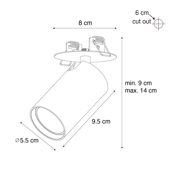 Technische Zeichnung eines Einbaustrahlers mit Maßen: Durchmesser 8 Zentimeter, Kopf 5,5 Zentimeter, Länge 9,5 Zentimeter, Ausschnitt 6 Zentimeter.