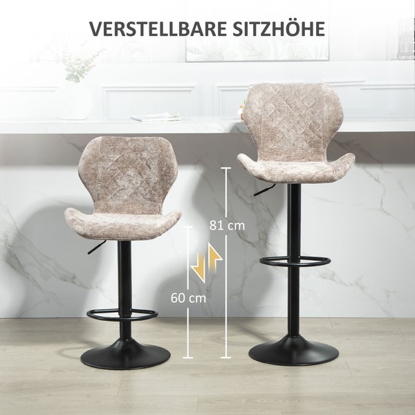 HOMCOM Barhocker 2er-Set, Gepolstert Barstuhl mit Lehne, Chenille-Optik, Stahlgestell, Höhenverstellbare Küchenstühle mit Fußstütze Drehbar Tresenhocker modern für Küche Braun