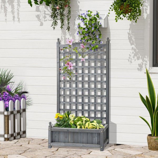 Outsunny Hochbeet Pflanzkasten mit Rankgitter Blumenkasten Rankkasten Rosenbogen mit  Rankhilfe für Kletterpflanzen Garten Holz Grau 64 x 28 x 120 cm