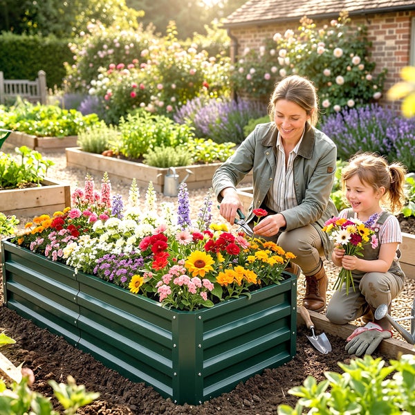 Frau und Kind an einem grünen Metall-Hochbeet voller bunter Blumen in einem hellen Garten mit weiteren Beeten und Blumenrabatten.