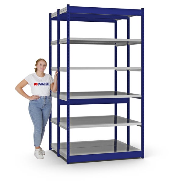 PROREGAL Fachbodenregal Stecksystem Vierkant-Profil Grundregal HxBxT 250 x 132,5 x 50 cm 2x6 Ebenen Doppelseitige Bauart Fachlast 200 kg Enzianblau