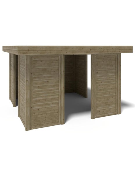 Ein offener Unterstand aus Holz mit Flachdach, geeignet als Gartenhaus, Fahrradgarage oder Mülltonnenverkleidung.