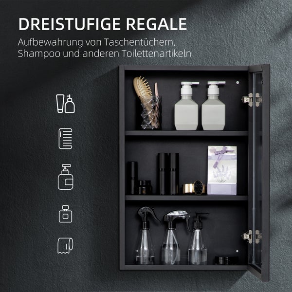 kleankin, Spiegelschrank, Badezimmerschrank, 40L x 12B x 60H cm, Edelstahl, Glas, Schwarz