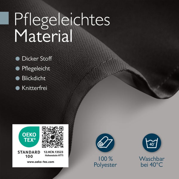 Stoffvorhang aus Polyester mit Textinformationen zu Materialeigenschaften, Oeko Tex Standard 100 Zertifikat und Waschhinweis bei 40 Grad Celsius.