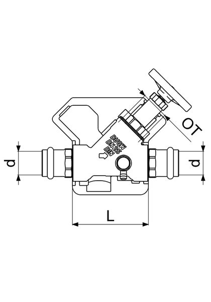 Technische Zeichnung eines Schrägsitzventils mit Pressanschlüssen und Maßangaben für Durchmesser, Länge und Oberteilhöhe.