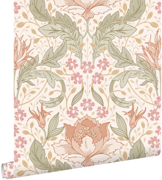 ESTAhome Tapete Blumenmuster im Jugendstil Beige, Rosa und Grün - 50 x 900 cm - 131078