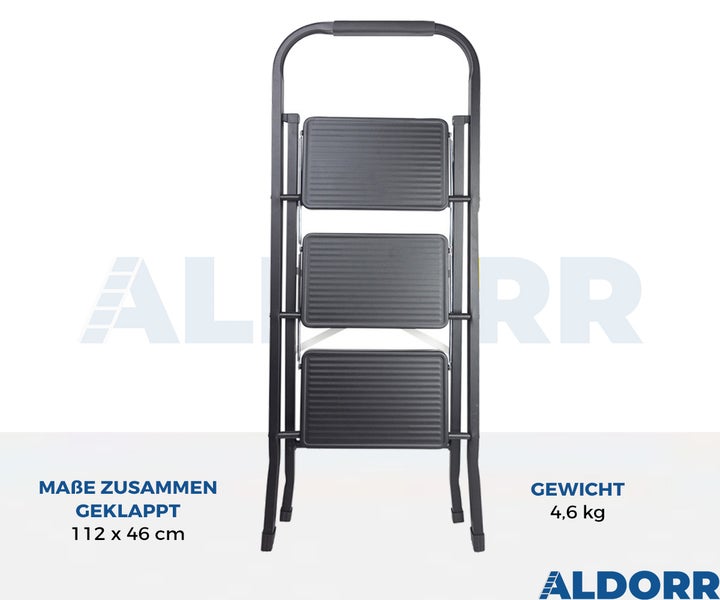 ALDORR Home - Klapptrittleiter 3 Stufen Haushaltsleiter Klappleiter aus hochwertigem Aluminium - Schwarz