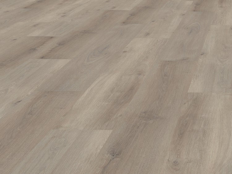 Laminatboden in Eichenholz-Optik mit sichtbarer Maserung und Astlöchern, im versetzten Muster verlegt.
